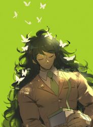 Rule 34 | 1boy, artist name, box, brown hair, brown jacket, bug, butterfly, closed eyes, closed mouth, collared shirt, commentary request, danganronpa (series), danganronpa v3: killing harmony, glasses, gokuhara gonta, green background, green necktie, green theme, hair ornament, highres, holding, holding box, insect, jacket, long hair, long sleeves, lying, male focus, messy hair, necktie, on back, qosic, rimless eyewear, round eyewear, semi-rimless eyewear, shirt, simple background, sleeping, solo, upper body