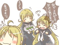 Rule 34 | &gt; &lt;, 10s, 1girl, :t, ^ ^, ahoge, black serafuku, blonde hair, closed eyes, commentary request, crescent moon, flying sweatdrops, hirori (aho12 zwei), kantai collection, long hair, long sleeves, moon, multiple persona, neckerchief, open mouth, satsuki (kancolle), school uniform, serafuku, simple background, smile, translated, twintails, twitter username, wavy mouth, white background, white neckerchief, | |