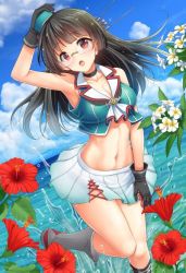 Rule 34 | 10s, 1girl, :o, black gloves, blush, boots, breasts, brown hair, choukai (kancolle), choukai kai ni (kancolle), cleavage, cloud, cloudy sky, day, flower, glasses, gloves, grey footwear, hair ornament, hand on headwear, hat, kantai collection, knee boots, long hair, medium breasts, midriff, navel, ocean, pleated skirt, red eyes, rimless eyewear, skirt, sky, solo, splashing, youshuu