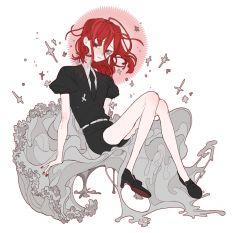 Rule 34 | androgynous, artist request, crying, crying with eyes open, gem uniform (houseki no kuni), gender request, highres, houseki no kuni, looking at viewer, mercury (element), necktie, red eyes, red hair, sad, cinnabar (houseki no kuni), short hair, shorts, solo, tears, uniform