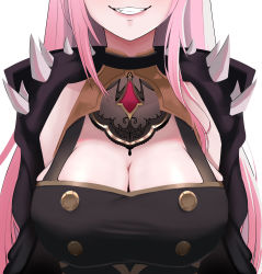 Rule 34 | 1girl, absurdres, arms behind back, black dress, breast focus, breasts, cape, cleavage, cleavage cutout, close-up, clothing cutout, commentary, dress, fang, highres, hololive, hololive english, large breasts, lighto, long hair, mori calliope, pink hair, smile, solo, spikes, symbol-only commentary, virtual youtuber, white background