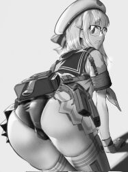 Rule 34 | 1girl, all fours, ass, beret, from behind, glasses, gloves, goddess of victory: nikke, greyscale, hat, highres, long hair, looking at viewer, looking back, monochrome, neckerchief, neon (nikke), one-piece swimsuit, open mouth, pleated skirt, rodrigo yoshimiya, sailor, skirt, solo, swimsuit, swimsuit under clothes, thighhighs, white thighhighs