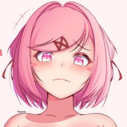 Rule 34 | 1girl, artist name, bare shoulders, blush, blush stickers, bob cut, close-up, closed mouth, collarbone, commentary, doki doki literature club, english commentary, fang, hair ornament, hair ribbon, heart, kanarin6, light frown, looking at viewer, loose hair strand, motion lines, natsuki (doki doki literature club), nude, pink eyes, pink hair, portrait, raised eyebrows, red ribbon, ribbon, short hair, signature, simple background, solo, swept bangs, two side up, white background, x hair ornament