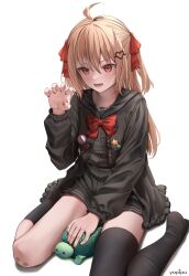 Rule 34 | 1girl, absurdres, ahoge, bandaid, bandaid on knee, bandaid on leg, black cardigan, black shirt, black skirt, blonde hair, blush, bow, cardigan, claw pose, commentary, evil neuro-sama, fangs, hair between eyes, hair bow, hand on animal, hand up, heart pin, highres, indie virtual youtuber, long hair, looking at viewer, nail polish, open mouth, red bow, red eyes, red nails, shirt, short twintails, simple background, sitting, skirt, solo, star pin, teeth, tongue, turtle, twintails, vedal987, virtual youtuber, wariza, white background, yopipu