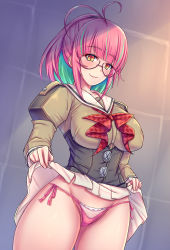 Rule 34 | 1girl, absurdres, antenna hair, breasts, closed mouth, clothes lift, corset, cowboy shot, glasses, green hair, grey shirt, groin, highres, juliet sleeves, kantai collection, large breasts, long sleeves, multicolored hair, panties, pink-framed eyewear, pink hair, pink panties, pleated skirt, puffy sleeves, sailor collar, sailor shirt, shirt, short hair, skirt, skirt lift, smile, solo, ume (kancolle), underwear, volk (bo-tan), white sailor collar, white skirt, yellow eyes