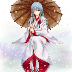 Rule 34 | 1girl, aqua eyes, aqua hair, hair ornament, hatsune miku, japanese clothes, kimono, oil-paper umbrella, sitting, snow, solo, umbrella, vocaloid, yuki miku