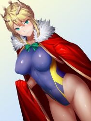 Rule 34 | 1girl, artoria pendragon (fate), artoria pendragon (lancer) (fate), blonde hair, blue one-piece swimsuit, bow, braid, braided bun, breasts, cape, closed mouth, commentary request, competition swimsuit, covered erect nipples, covered navel, crown, dutch angle, fate/grand order, fate (series), fur trim, gradient background, green eyes, hair between eyes, hair bun, highleg, highleg swimsuit, kageshio (276006), large breasts, looking at viewer, one-piece swimsuit, red cape, shiny clothes, short hair, smile, solo, standing, swimsuit, twitter username