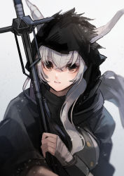 Rule 34 | 1girl, arknights, black cloak, breasts, brown eyes, cloak, commentary, demon horns, expressionless, grey background, hair between eyes, highres, holding, holding sword, holding weapon, hood, hooded cloak, horns, long hair, looking at viewer, medium breasts, shimasato, shining (arknights), silver hair, simple background, snowing, solo, sword, upper body, weapon