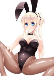Rule 34 | 1girl, animal ears, black bow, black bowtie, black leotard, blue eyes, bow, bowtie, breasts, brown pantyhose, commentary request, detached collar, fake animal ears, feet out of frame, highres, large breasts, leotard, long hair, looking at viewer, mabinogi, nao (mabinogi), pantyhose, playboy bunny, rabbit ears, rabbit girl, simple background, sitting, solo, spread legs, strapless, strapless leotard, twintails, umitsubame, white background