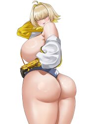 Rule 34 | 1girl, absurdres, ass, ass focus, bare shoulders, bellwether, blonde hair, blush, booty shorts, breasts, elegg (nikke), from behind, gloves, goddess of victory: nikke, hair over eyes, highres, huge ass, huge breasts, looking at viewer, open mouth, short hair, short shorts, shorts, sideboob, smile, solo, suspenders, thick thighs, thighs