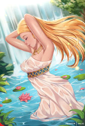 Rule 34 | 1girl, armpits, arms up, bare arms, blonde hair, breasts, caustics, commentary, cropped legs, dress, dutch angle, english commentary, exlic, closed eyes, flower, highres, jewelry, lily (flower), lily pad, lips, long hair, medium breasts, necklace, nintendo, nipples, parted lips, patreon username, plant, princess zelda, see-through, see-through dress, smile, solo, strapless, strapless dress, the legend of zelda, the legend of zelda: breath of the wild, tree, wading, water, waterfall, wet, wet clothes, wet dress, white dress