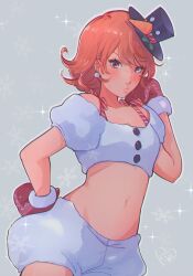 Rule 34 | 1girl, absurdres, bare shoulders, black hat, blush, brown eyes, brown hair, christmas, closed mouth, commentary, cowboy shot, crop top, earrings, embarrassed, english commentary, gloves, grey background, hand on own hip, hand up, hat, highres, holly hat ornament, jewelry, kokomi (aniesuakkaman), lips, looking at viewer, medium hair, midriff, mini hat, navel, off-shoulder shirt, off shoulder, official alternate costume, pearl earrings, persona, persona 3, persona 3: dancing moon night, persona dancing, puffy short sleeves, puffy shorts, puffy sleeves, red gloves, shirt, short shorts, short sleeves, shorts, signature, simple background, snowflakes, solo, sparkle, sweatdrop, swept bangs, takeba yukari, white shirt, white shorts