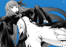 Rule 34 | 10s, 1girl, belt, blue background, coat, crotch, crotch plate, daiji pt, fate/extra, fate/extra ccc, fate (series), hair ribbon, long hair, maebari, meltryllis (fate), monochrome, navel, revealing clothes, ribbon, signature, sleeves past wrists, solo, very long hair
