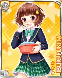 Rule 34 | 1girl, bird, blazer, blue jacket, bow, brown eyes, brown hair, card, character name, duck, fingers together, fukita ibuki, girlfriend (kari), green bow, green skirt, hair ornament, hairclip, hand to own mouth, holding, jacket, long sleeves, looking at viewer, official art, open mouth, plaid, plaid skirt, qp:flapper, school uniform, shirt, short hair, skirt, soap, socks, surprised, towel, water, white shirt, yellow background