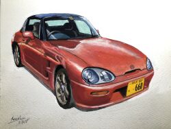 Rule 34 | absurdres, artist name, atelier 634, car, dated, highres, license plate, motor vehicle, no humans, original, painting (medium), red car, signature, simple background, suzuki (company), suzuki cappuccino, traditional media, vehicle focus, white background