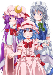 Rule 34 | 3girls, apron, bat wings, blue eyes, blue hair, bow, braid, capelet, crescent, double bun, dress, eichi yuu, fang, frown, gloves, hair bow, hair bun, hat, hat ribbon, holding hands, izayoi sakuya, jitome, long hair, looking at viewer, looking away, maid headdress, mob cap, multiple girls, patchouli knowledge, puffy short sleeves, puffy sleeves, purple eyes, purple hair, red eyes, remilia scarlet, ribbon, robe, short hair, short sleeves, sidelocks, silver hair, skirt, skirt set, striped clothes, striped dress, touhou, triangle mouth, twin braids, very long hair, waist apron, wide-eyed, wings, wrist cuffs