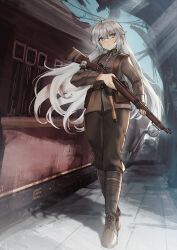 Rule 34 | 1girl, bolt action, brown pants, charm (object), commission, explosive, expressionless, girls&#039; frontline, grenade, grey hair, grey jacket, gun, highres, jacket, long hair, looking at viewer, mauser 98, original, pants, persocon93, pixiv commission, rifle, solo, stielhandgranate, very long hair, weapon
