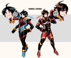 Rule 34 | 2boys, bad id, bad twitter id, black hair, blue eyes, bodysuit, brown hair, character name, copyright name, highres, james the red engine, kendy (revolocities), looking at viewer, male focus, multiple boys, parted lips, personification, pilot suit, pointing, pointing at self, red eyes, short hair, smile, thomas the tank engine, thomas the tank engine (character)