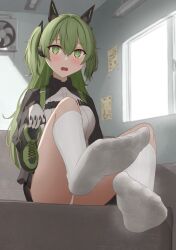 Rule 34 | 1girl, absurdres, blush, feet, green eyes, green hair, highres, holding, holding shoes, long hair, looking at viewer, open mouth, original, panties, pantyshot, shoes, unworn shoes, single shoe, socks, soles, steam, toes, twintails, underwear, white socks