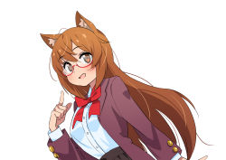 Rule 34 | 1girl, :d, absurdres, animal ear fluff, animal ears, anime coloring, blush, bow, bowtie, brown eyes, brown hair, brown skirt, commission, dutch angle, fox ears, furuyama itaru, glasses, hand up, highres, index finger raised, jacket, long hair, long sleeves, looking at viewer, marika (zeddaru), open clothes, open jacket, open mouth, original, red-framed eyewear, red bow, red bowtie, red jacket, school uniform, semi-rimless eyewear, shirt, simple background, skirt, smile, solo, under-rim eyewear, white background, white shirt