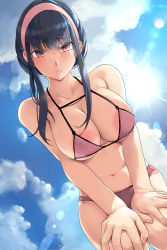 Rule 34 | 1girl, absurdres, areola slip, bare arms, bikini, black hair, blue sky, breasts, cleavage, closed mouth, cloud, collarbone, commentary request, day, from below, hands on own knees, highres, kntrs (knyrs), large breasts, looking at viewer, navel, outdoors, red eyes, sidelocks, sky, solo, spy x family, stomach, sun, swimsuit, yor briar