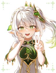 Rule 34 | 1girl, :d, absurdres, bare shoulders, cross-shaped pupils, detached sleeves, dress, genshin impact, gold trim, gradient hair, green eyes, green hair, hair ornament, hand on own cheek, hand on own face, hands up, highres, multicolored hair, nahida (genshin impact), open mouth, pointy ears, side ponytail, sidelocks, smile, solo, symbol-shaped pupils, two-tone hair, upper body, v, white dress, yareen