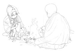 Rule 34 | 1boy, 1girl, alternate costume, bags under eyes, bald, blanket, blue archive, boots, campfire, closed eyes, fire, hairband, holding, holding stick, jacket, lineart, long hair, monochrome, on ground, open mouth, pants, ponytail, rkgk ojisan, sensei (blue archive), sidelocks, simple background, sitting, squatting, stick, sweatdrop, ui (blue archive), warming, wet