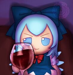Rule 34 | 1girl, alcohol, blue bow, blue dress, blue eyes, blue hair, bow, chibi, cirno, commentary, cup, dress, drinking glass, english commentary, fumo (doll), hair bow, ice, ice wings, puffy short sleeves, puffy sleeves, red bow, short sleeves, skullchimes, solo, touhou, v-shaped eyebrows, watermark, wine, wine glass, wings