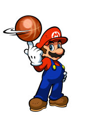 Rule 34 | 1boy, ball, basketball, basketball (object), blue eyes, brown hair, facial hair, full body, gloves, hat, highres, male focus, mario, mario (series), mario sports superstars, mustache, nintendo, official art, overalls, short hair, simple background, solo, standing, white background
