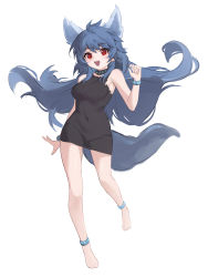 Rule 34 | 1girl, :d, absurdres, animal ears, anklet, bare legs, bare shoulders, barefoot, black choker, black dress, blue hair, breasts, choker, covered navel, dress, fang, floating hair, full body, highres, jewelry, long hair, looking at viewer, medium breasts, open mouth, original, rable, red eyes, short dress, simple background, sleeveless, sleeveless dress, smile, solo, tail, thighs, torn clothes, torn dress, very long hair, white background, wolf ears, wolf girl, wolf tail, wristband