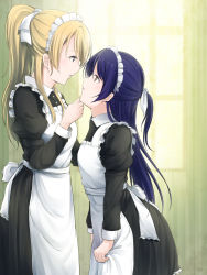 Rule 34 | 10s, 2girls, apron, ayase eli, blonde hair, blue eyes, dress, eye contact, hand on another&#039;s chin, highres, long hair, looking at another, love live!, love live! school idol project, maid, maid apron, maid headdress, morugen, multiple girls, ponytail, purple hair, sonoda umi, standing, yellow eyes, yuri