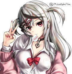 Rule 34 | 1girl, black bow, black collar, black hair, bow, breasts, cardigan, closed mouth, collar, collarbone, collared shirt, commentary request, dress shirt, grey hair, hair bow, hair ornament, hairclip, hand up, heart, heart hair ornament, highres, hololive, kimura shuuichi, long hair, long sleeves, medium breasts, mouth hold, multicolored hair, nail polish, off shoulder, open cardigan, open clothes, pink cardigan, puffy long sleeves, puffy sleeves, red bow, red nails, sakamata chloe, school uniform, shirt, simple background, solo, streaked hair, twitter username, two side up, upper body, v, virtual youtuber, white background, white shirt, x hair ornament