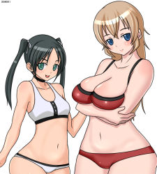 Rule 34 | 00s, 2girls, bad id, bad pixiv id, bikini, black hair, blonde hair, blue eyes, blush, breast hold, breasts, charlotte e. yeager, cleavage, curvy, flat chest, francesca lucchini, green eyes, large breasts, long hair, monmonism, multiple girls, navel, open mouth, short hair, small breasts, smile, strike witches, swimsuit, twintails, world witches series
