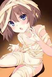 Rule 34 | 1girl, bandages, bandages, bare shoulders, blanc (neptunia), blue eyes, blush, breasts, brown hair, claw pose, from above, halloween, halloween costume, iwashi dorobou -r-, naked bandage, navel, neptune (series), open mouth, seiza, short hair, sitting, small breasts, solo, thighhighs, thighs