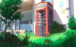 Rule 34 | bush, chinese commentary, commentary request, door, english text, flower, grass, highres, no humans, original, phone booth, plant, red flower, scenery, shade, sunlight, tree, utility pole, window, xingzhi lv