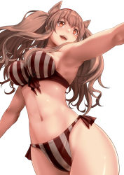 Rule 34 | 1girl, angelina (arknights), animal ears, arknights, armpits, bikini, breasts, long hair, medium breasts, navel, open mouth, outstretched arm, red eyes, side-tie bikini bottom, simple background, solo, striped bikini, striped clothes, swimsuit, vertical-striped bikini, vertical-striped clothes, white background, yamauchi (conan-comy)