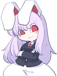 Rule 34 | 1girl, :3, animal ears, black jacket, blazer, blush stickers, buttons, chahan (fried rice0614), closed mouth, collared shirt, crossed arms, highres, jacket, light purple hair, long hair, long sleeves, necktie, one-hour drawing challenge, rabbit ears, red eyes, red necktie, reisen udongein inaba, shirt, simple background, skirt, smile, solo, touhou, upper body, white background, white shirt, white skirt