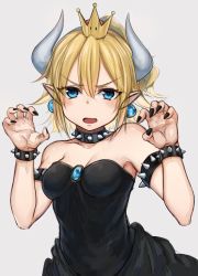 Rule 34 | 1girl, absurdres, bare shoulders, black dress, black nails, blonde hair, blue eyes, blush, bowsette, bracelet, breasts, claws, cleavage, collar, commentary request, crown, dress, earrings, grey background, highres, horns, hoshimiya aki, jewelry, looking at viewer, mario (series), medium breasts, nail polish, new super mario bros. u deluxe, nintendo, open mouth, paw pose, pointy ears, ponytail, short hair, simple background, sketch, solo, spiked bracelet, spiked collar, spikes, super crown