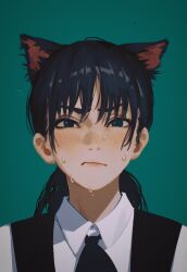Rule 34 | 1girl, animal ears, annoyed, black hair, black necktie, blush, cat ears, chainsaw man, collared shirt, commentary, frown, green background, green eyes, highres, looking at viewer, mitaka asa, necktie, ponytail, shirt, simple background, solo, sweat, white shirt, yao liao wang