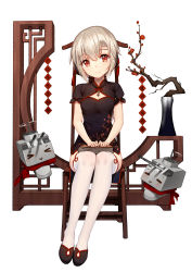 Rule 34 | &gt; &lt;, 1girl, = =, absurdres, bison cangshu, black dress, black footwear, book, cannon, chair, china dress, chinese clothes, closed mouth, copyright request, dress, floral print, flower, full body, head tilt, highres, legs together, looking at viewer, red eyes, red flower, shoes, short hair, silver hair, simple background, sitting, smile, solo, thighhighs, tree, vase, white background, white thighhighs