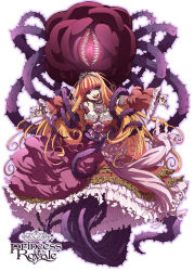 Rule 34 | 1girl, breasts, cleavage, copyright name, dress, flower, frills, fumitan (humitan), large breasts, long hair, monster girl, open mouth, orange hair, original, outstretched arms, plant, princess royale, purple eyes, rose, sharp teeth, sleeping beauty, sleeping beauty (character), smile, solo, spread arms, teeth, tiara, too many, vines