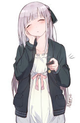 Rule 34 | 1girl, ak-12 (girls&#039; frontline), black ribbon, bow, braid, cardigan, closed eyes, closed mouth, collarbone, french braid, garin, girls&#039; frontline, hand on own cheek, hand on own face, hands up, head tilt, highres, holding, long hair, long sleeves, looking at viewer, open cardigan, open clothes, pink bow, ribbon, sidelocks, silver hair, simple background, smile, solo, twitter username, white background