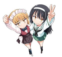 Rule 34 | 10s, 2girls, anglerfish, apron, arm around waist, bartender, black apron, black hair, black legwear, black neckwear, blonde hair, blouse, blue legwear, blunt bangs, bow, bowtie, brown eyes, brown footwear, brown vest, clenched hand, closed mouth, commentary request, cutlass (girls und panzer), dress shirt, fish, foreshortening, frilled apron, frills, from above, frown, full body, girls und panzer, green skirt, hairband, handkerchief, kitayama miuki, loafers, long hair, long sleeves, looking at viewer, looking up, maid headdress, miniskirt, multiple girls, neckerchief, ooarai school uniform, pleated skirt, print legwear, raised fist, reizei mako, school uniform, serafuku, shirt, shoes, short hair, simple background, single horizontal stripe, skirt, smile, socks, standing, v, vest, waist apron, white background, white footwear, white hairband, white shirt, white skirt, wing collar, yellow eyes