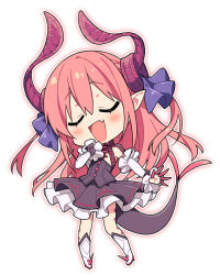 Rule 34 | 1girl, :d, black dress, blush, boots, chibi, closed eyes, commentary request, detached sleeves, dragon girl, dragon horns, dragon tail, dress, elizabeth bathory (fate), elizabeth bathory (fate/extra ccc), facing viewer, fang, fate/extra, fate/extra ccc, fate (series), full body, hair ribbon, horns, knee boots, kusumoto shizuru, long hair, long sleeves, open mouth, outline, pink hair, pink outline, purple ribbon, ribbon, simple background, smile, solo, spiked boots, standing, tail, two side up, very long hair, white background, white footwear, white sleeves