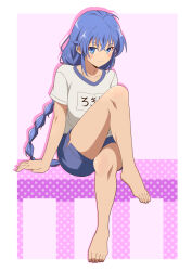 Rule 34 | 1girl, alternate costume, bare legs, barefoot, blue eyes, blue hair, blue shorts, blush, border, braid, braided ponytail, breasts, character name, closed mouth, collarbone, commentary request, crossed bangs, eyelashes, feet, full body, gym uniform, hair between eyes, highres, honba misaki, knee up, legs, long hair, mushoku tensei, name tag, patterned background, purple background, roxy migurdia, shadow, shirt, short shorts, short sleeves, shorts, sidelocks, sitting, small breasts, smile, solo, toenails, toes, white border, white shirt