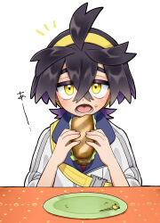 Rule 34 | 1boy, ahoge, black hair, buckle, colored inner hair, commentary request, creatures (company), crossed bangs, food, food on face, game freak, hair between eyes, hairband, highres, holding, holding food, jacket, kieran (pokemon), kyouka. (kyouka), lettuce, lower teeth only, male focus, multicolored hair, nintendo, notice lines, open mouth, plate, pokemon, pokemon sv, sandwich, skewer, solo, strap, table, teeth, tongue, white background, white jacket, yellow eyes, yellow hairband