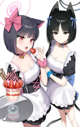 Rule 34 | 2girls, absurdres, animal ears, apron, bad anatomy, bad leg, bell, black choker, black dress, black eyes, black hair, blue archive, blue halo, blue scrunchie, blush, breasts, cat ears, cat tail, choker, cleavage, closed mouth, colored inner hair, ddungddang, dress, food, frilled apron, frills, fruit, halo, highres, holding, holding food, holding fruit, holding tray, jingle bell, kazusa (blue archive), kikyou (blue archive), looking at viewer, medium breasts, multicolored hair, multiple girls, open mouth, parfait, pink hair, pink halo, pink scrunchie, puffy short sleeves, puffy sleeves, red eyes, scrunchie, short hair, short sleeves, simple background, strawberry, tail, tray, two side up, waist apron, white apron, white background, wrist scrunchie