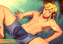 Rule 34 | 1boy, abs, barefoot, biceps, bike shorts, blonde hair, blue eyes, bulge, closed mouth, collarbone, commentary request, day, frown, grass, knees, link, lvlv, lying, male focus, navel, nintendo, nipples, on back, outdoors, pectorals, pointy ears, sidelocks, solo, spread legs, the legend of zelda, topless male, tree