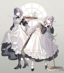 2girls alternate_costume apron black_dress black_pantyhose black_shoes blue_eyes character_name closed_mouth commentary_request cup dress enmaided fu_hua fu_hua_(herrscher_of_sentience) full_body grey_background grey_hair hair_between_eyes high_heels highres honkai_(series) honkai_impact_3rd long_dress long_hair long_sleeves looking_at_viewer low_ponytail maid maid_apron maid_headdress mop multiple_girls pantyhose ponytail red_eyes revision shoes simple_background standing teacup teapot toosaka_asagi tray white_apron white_pantyhose