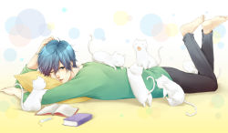 Rule 34 | 1boy, animal, bad id, bad pixiv id, barefoot, blue eyes, blue hair, book, bookmark, cat, full body, kaito (vocaloid), male focus, matching hair/eyes, one eye closed, pillow, short hair, smile, solo, vocaloid, wink